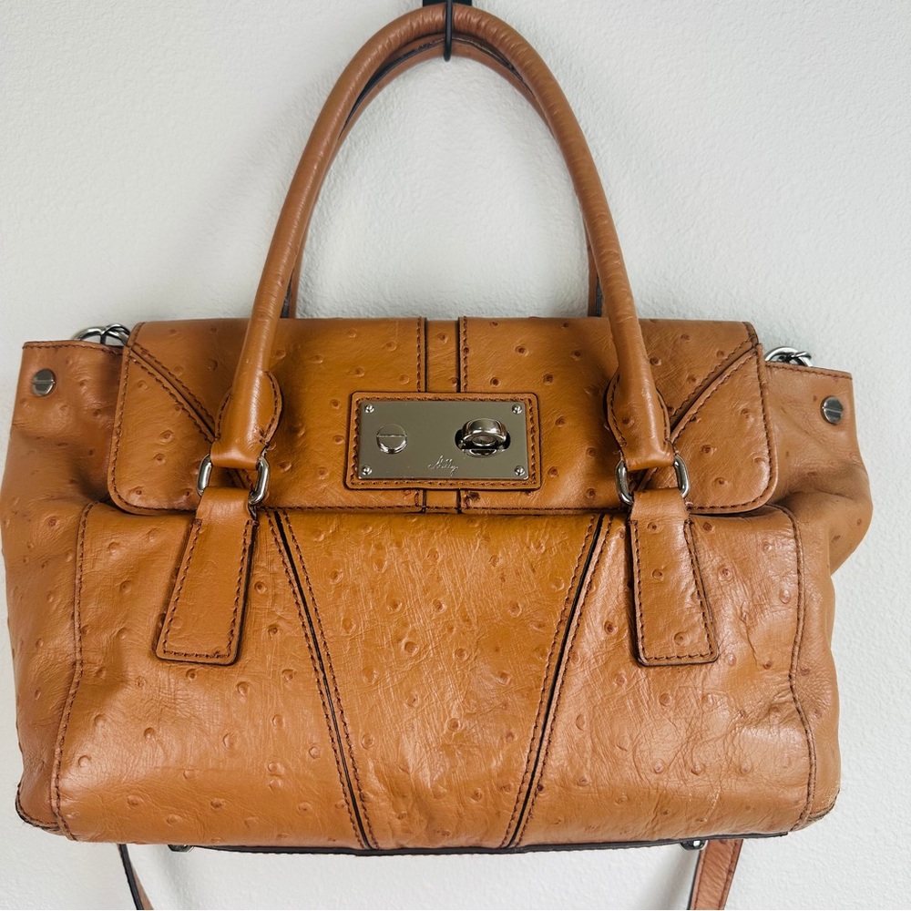 Milly tan Mina ostrich leather convertible satchel bag